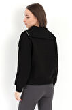 Kadın Siyah Pamuklu Yarım Fermuarlı 3 İp Şardonlu Sweatshirt - 2512