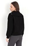 Kadın Siyah Pamuklu Yarım Fermuarlı 3 İp Şardonlu Sweatshirt - 2512