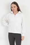 Kadın Beyaz Pamuklu Yarım Fermuarlı 3 İp Şardonlu Sweatshirt - 2512