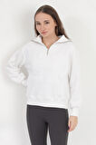 Kadın Beyaz Pamuklu Yarım Fermuarlı 3 İp Şardonlu Sweatshirt - 2512