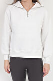 Kadın Beyaz Pamuklu Yarım Fermuarlı 3 İp Şardonlu Sweatshirt - 2512