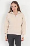 Kadın Bej Pamuklu Yarım Fermuarlı 3 İp Şardonlu Sweatshirt - 2512