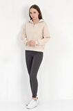 Kadın Bej Pamuklu Yarım Fermuarlı 3 İp Şardonlu Sweatshirt - 2512