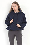 Kadın Bej Kapüşonlu Şardonlu 3 İp Eteği Stoperli Ribanalı Oversize Sweatshirt Hoodie - 5085