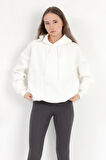 Kadın Beyaz Kapüşonlu Şardonlu 3 İp Eteği Stoperli Ribanalı Oversize Sweatshirt Hoodie - 5085