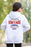 Kadın Kapüşonlu Sweatshirt Kar Melanj Vintage Baskılı Kanguru Cepli Şardonlu 3İp - 25102
