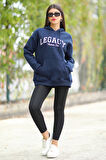 Kadın Lacivert Legacy Nakışlı Oversize Kapüşonlu Kanguru Cep Şardonlu 3İp Sweat - 2535