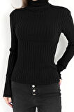 Kadın Siyah Balıkçı Yaka Fitilli Triko Body - 4054-3