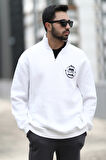 Erkek Ekru Yarım Fermuarlı Ön Arka John Borners Baskılı Sweatshirt - 10015