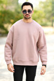 Erkek Oversize Sweatshirt Pembe Bisiklet Yaka JB Nakışlı 3İp Şardonlu Pamuk Karışımlı - 5405