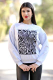 Kadın Kar Melanj Bisiklet Yaka Zebra Baskılı Sweatshirt - 2580