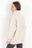 Kadın Bej Dik Yaka Yarım Fermuarlı Cep Detaylı Pamuklu Oversize Sweatshirt - 2542