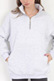 Kadın Karmelanj Dik Yaka Yarım Fermuarlı Cep Detaylı Oversize Sweatshirt - 2542