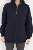 Kadın Lacivert Dik Yaka Yarım Fermuarlı Cep Detaylı Pamuklu Oversize Sweatshirt - 2542