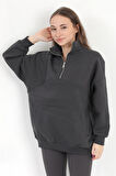 Kadın Füme Dik Yaka Yarım Fermuarlı Cep Detaylı Pamuklu Oversize Sweatshirt - 2542