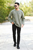 Erkek Oversize Sweatshirt Yeşil 3 İplik Baskılı Bisiklet Yaka Ribanalı Pamuk Karışım - 10018