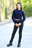 Kadın Lacivert Fitilli Crop Triko Kazak Kısa Model Akrilik Kumaş Ribanalı - 3122