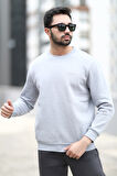 Erkek Kışlık Sweatshirt Açık Gri Üç İplik Şardonlu O Yaka Ribanalı Regularfit Baskılı - 5012-1-1