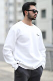 Erkek Oversize Sweatshirt Beyaz Ribanalı Bisiklet Yaka Baskılı Pamuk Karışım - 10009