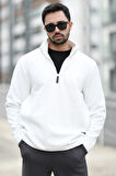 Erkek Kışlık Polarlı Sweatshirt Beyaz Yarım Fermuarlı Dik Yaka Boğazlı - 6053