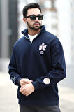 Erkek Lacivert Dik Yaka Nakışlı Polarlı Kışlık Yarım Fermuarlı 3 İplik Şardonlu Sweatshirt - 9009