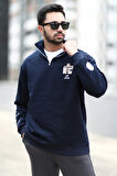 Erkek Lacivert Dik Yaka Nakışlı Polarlı Kışlık Yarım Fermuarlı 3 İplik Şardonlu Sweatshirt - 9009