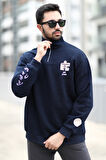 Erkek Lacivert Dik Yaka Nakışlı Polarlı Kışlık Yarım Fermuarlı 3 İplik Şardonlu Sweatshirt - 9009