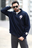 Erkek Lacivert Dik Yaka Nakışlı Polarlı Kışlık Yarım Fermuarlı 3 İplik Şardonlu Sweatshirt - 9009