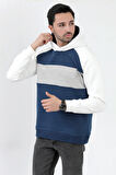 Erkek Kapüşonlu Oversize Sweatshirt Koyu Mavi 3 İplik Garnili Ribanalı Hoodie - 5771