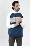 Erkek Kapüşonlu Oversize Sweatshirt Koyu Mavi 3 İplik Garnili Ribanalı Hoodie - 5771