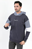 Erkek Kapüşonlu Sweatshirt Füme 3 İplik Şardonlu Baskılı Garnili Ribanalı Hoodie - 5299