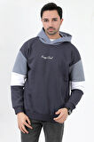 Erkek Kapüşonlu Sweatshirt Füme 3 İplik Şardonlu Baskılı Garnili Ribanalı Hoodie - 5299
