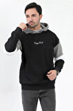 Erkek Kapüşonlu Sweatshirt Siyah 3 İplik Şardonlu Baskılı Garnili Ribanalı Hoodie - 5299