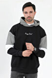 Erkek Kapüşonlu Sweatshirt Siyah 3 İplik Şardonlu Baskılı Garnili Ribanalı Hoodie - 5299