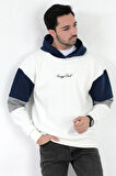 Erkek Kapüşonlu Sweatshirt Beyaz 3 İplik Şardonlu Baskılı Garnili Ribanalı Hoodie - 5299