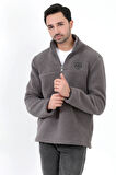 Erkek Peluş Sweatshirt Antrasit Yarım Fermuarlı Dik Yaka Nakış Detaylı - 9012