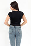 Kadın Siyah Bisiklet Yaka Kısa Kollu Esnek Çıtçıtlı Body Zıbın - 2419