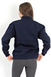 Kadın Lacivert Dik Yaka Triko Detaylı Yarım Fermuarlı Sweatshirt - 5087