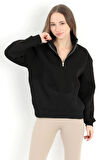 Kadın Siyah Dik Yaka Triko Detaylı Yarım Fermuarlı Sweatshirt - 5087