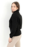 Kadın Siyah Dik Yaka Triko Detaylı Yarım Fermuarlı Sweatshirt - 5087