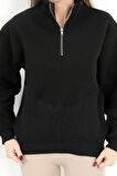 Kadın Siyah Dik Yaka Triko Detaylı Yarım Fermuarlı Sweatshirt - 5087