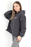 Kadın Füme Free Nakışlı Stoperli 3 İplik Kapüşonlu Sweatshirt Hoodie - 5082