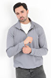 Erkek Gri Dik Yaka Yarım Fermuarlı Esnek Örme Regular Fit Sweatshirt - 16814