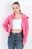 Kadın Tam Fermuarlı Kapüşonlu Cepli Kısa Oversize Sweatshirt Pembe - 2503