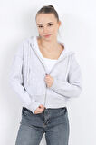 Kadın Tam Fermuarlı Kapüşonlu Cepli Kısa Oversize Sweatshirt Karmelanj - 2503