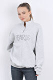 Kadın Paris Nakışlı Yarım Fermuarlı Dik Yaka Oversize Sweatshirt Karmelanj - 9014