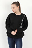 Kadın Bisiklet Yaka Sportstyl Baskılı Pamuklu Sweatshirt Siyah - 2578