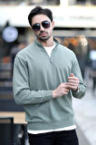Erkek Dik Yaka Yarım Fermuarlı Dokulu Sweatshirt Haki - 5470