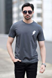Erkek Bisiklet Yaka Kedi Dijital Baskılı T-Shirt Antrasit - 2020-3