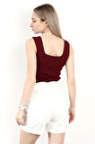 Kadın Kare Yaka Kalın Askılı Basic Triko Bluz Bordo - 2000